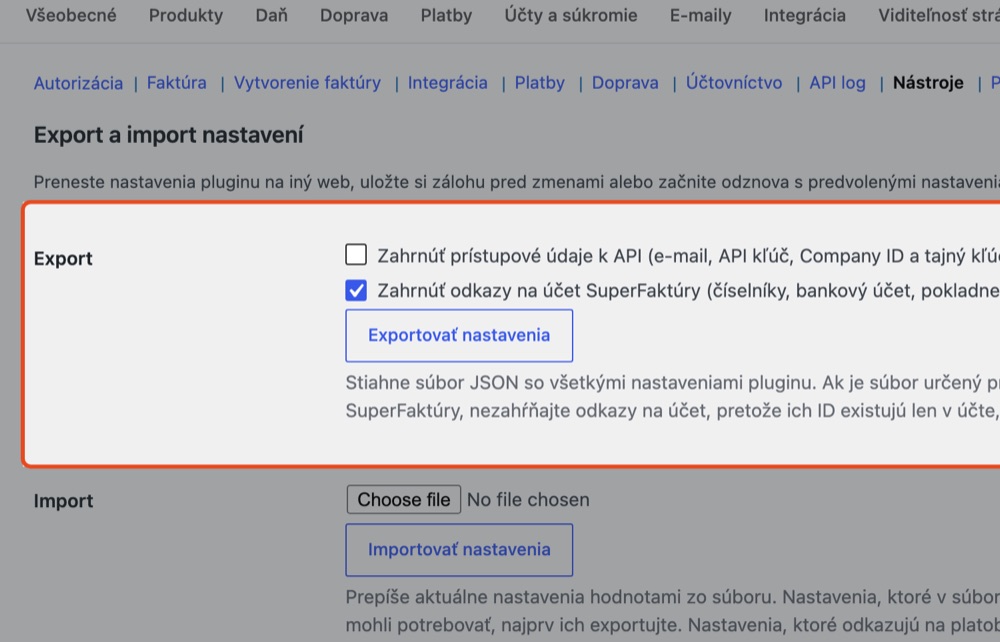 Export, import a reset nastavení pluginu