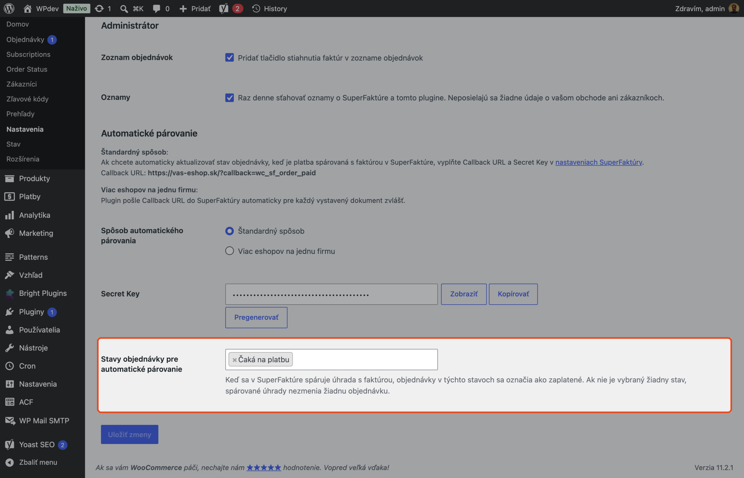 Nastavenie Stavy objednávky pre automatické párovanie